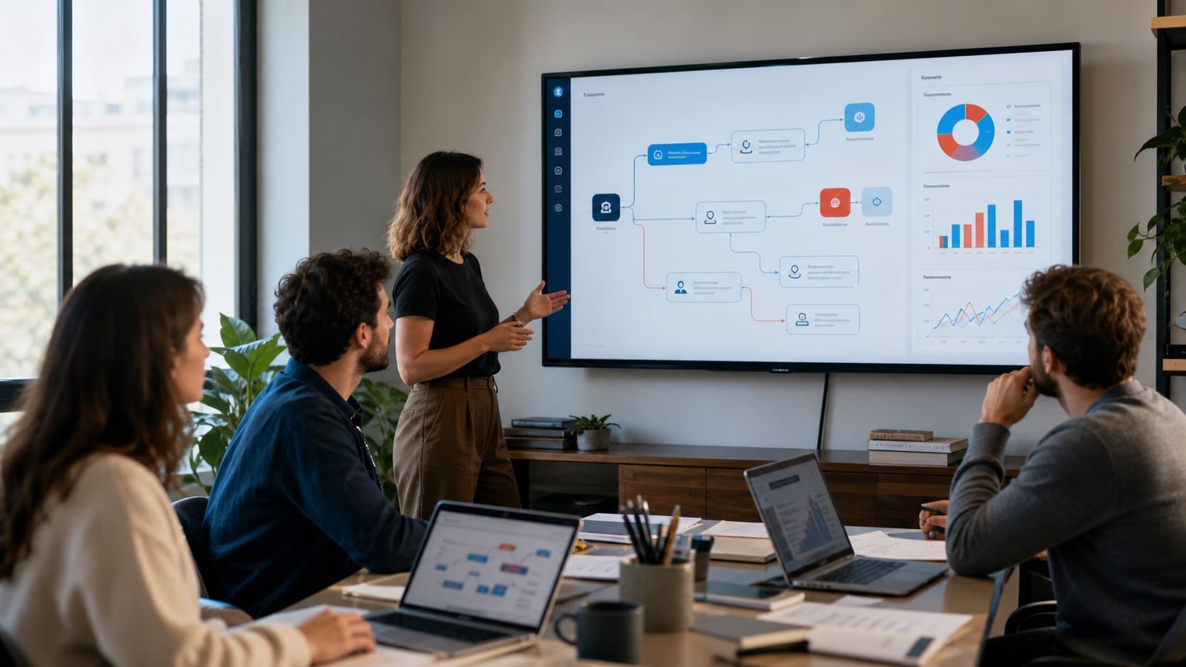 Equipo de marketing usando inteligencia artificial para automatizar procesos, analizar datos y gestionar leads.